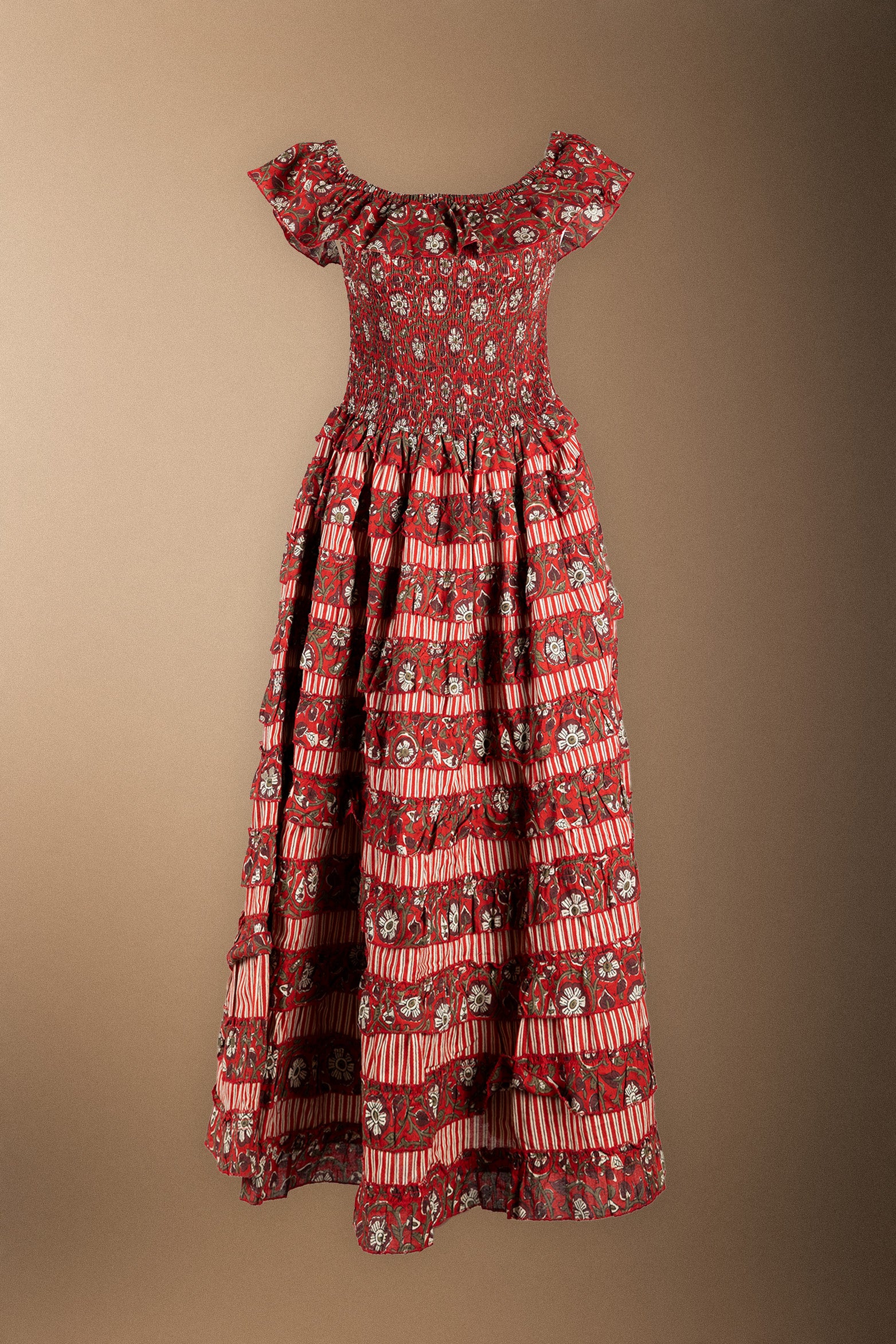 beige dress with red flowers Beige Floral Midi Dress - All Dresses