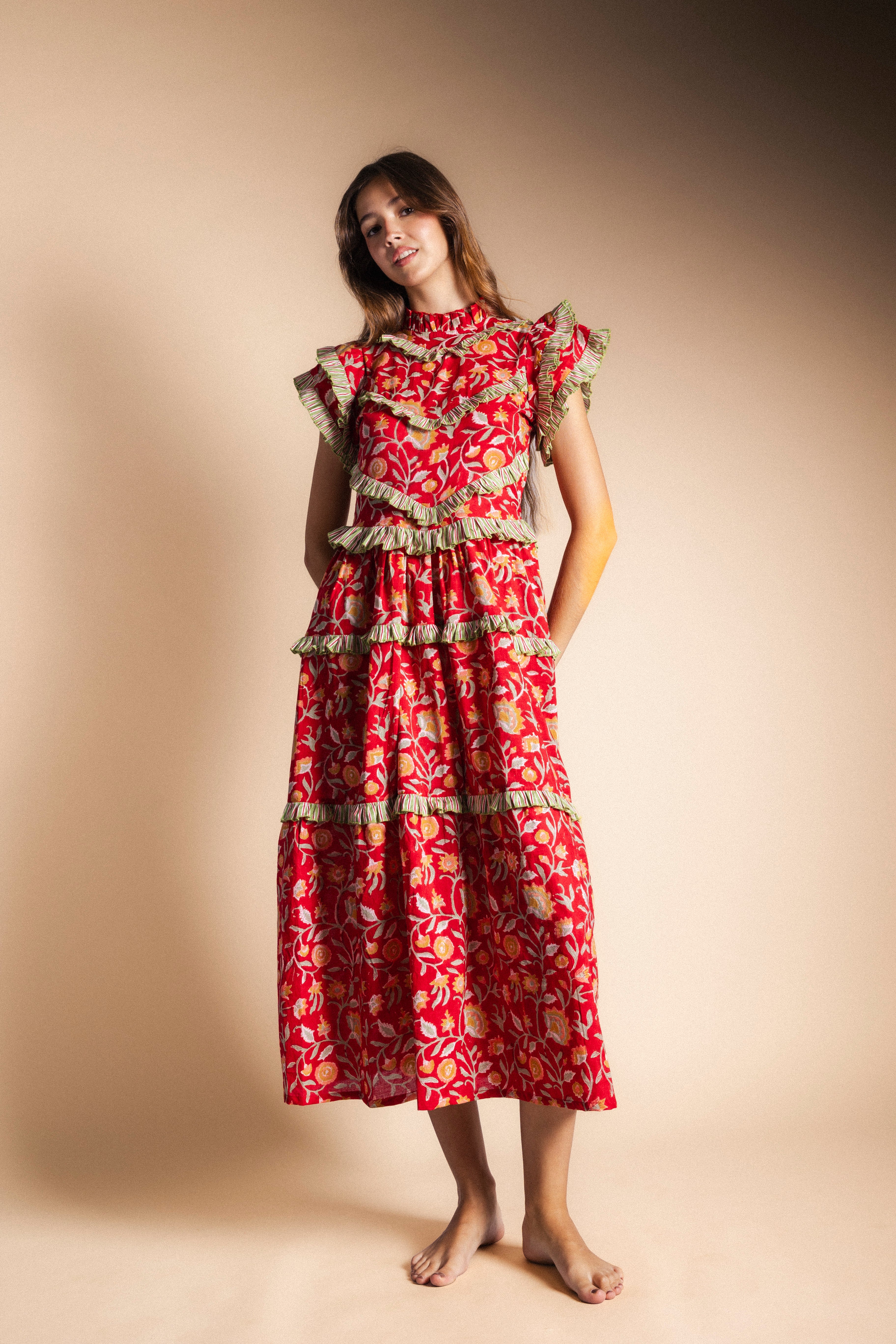 Vestido Lomba Rojo Flores Vest42-The Nook Store