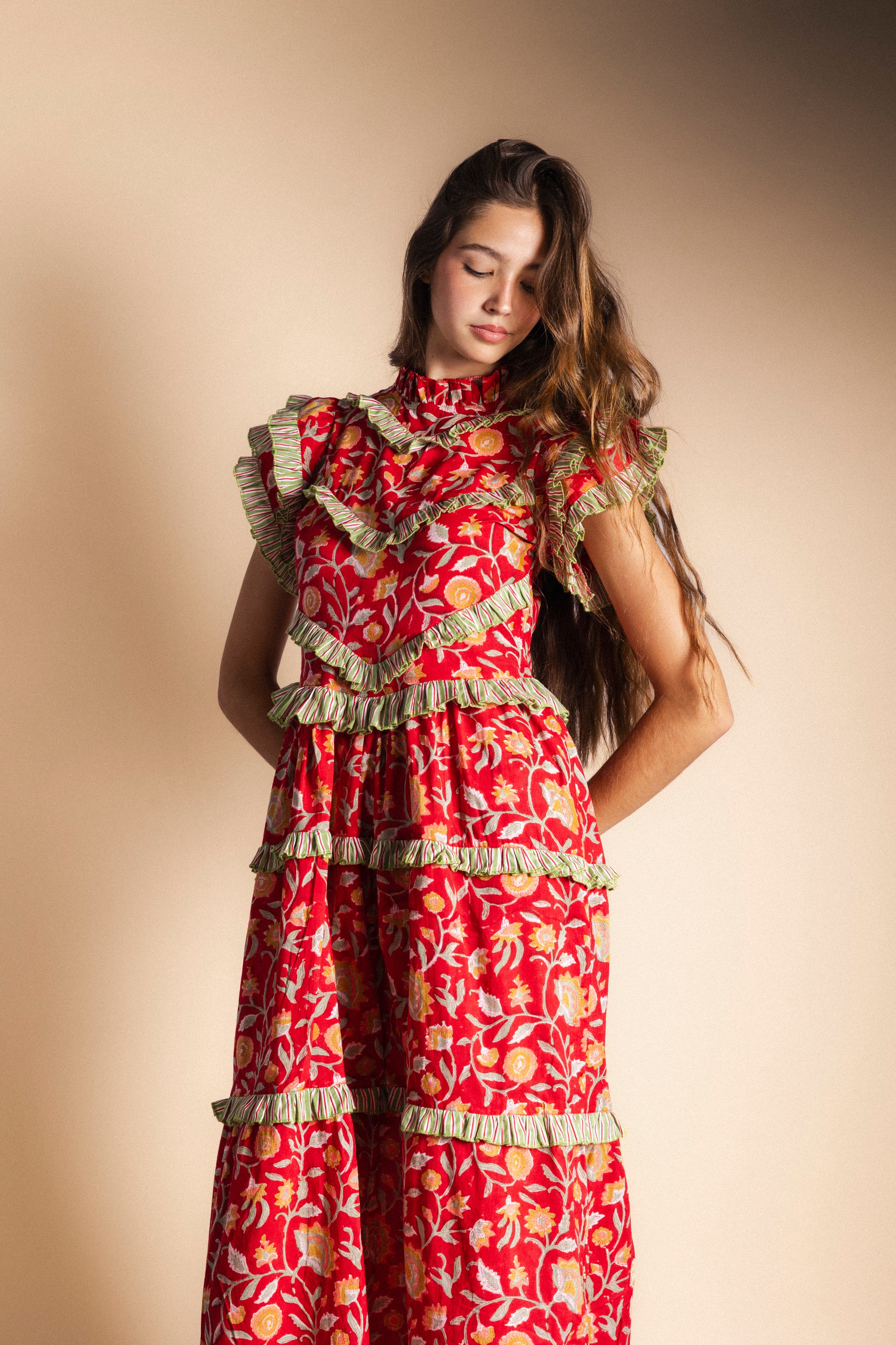 Vestido Lomba Rojo Flores Vest42-The Nook Store