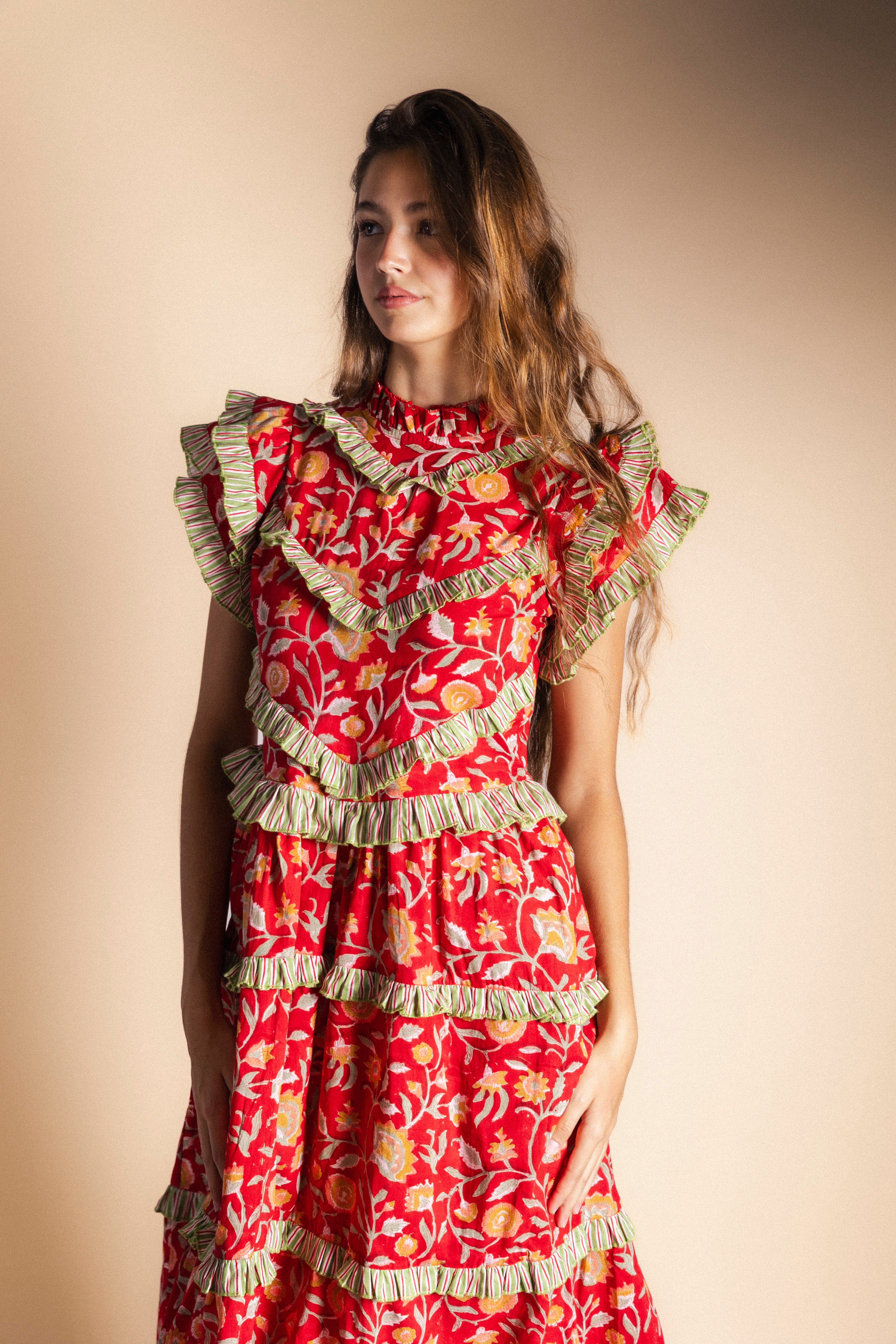 Vestido Lomba Rojo Flores Vest42-The Nook Store