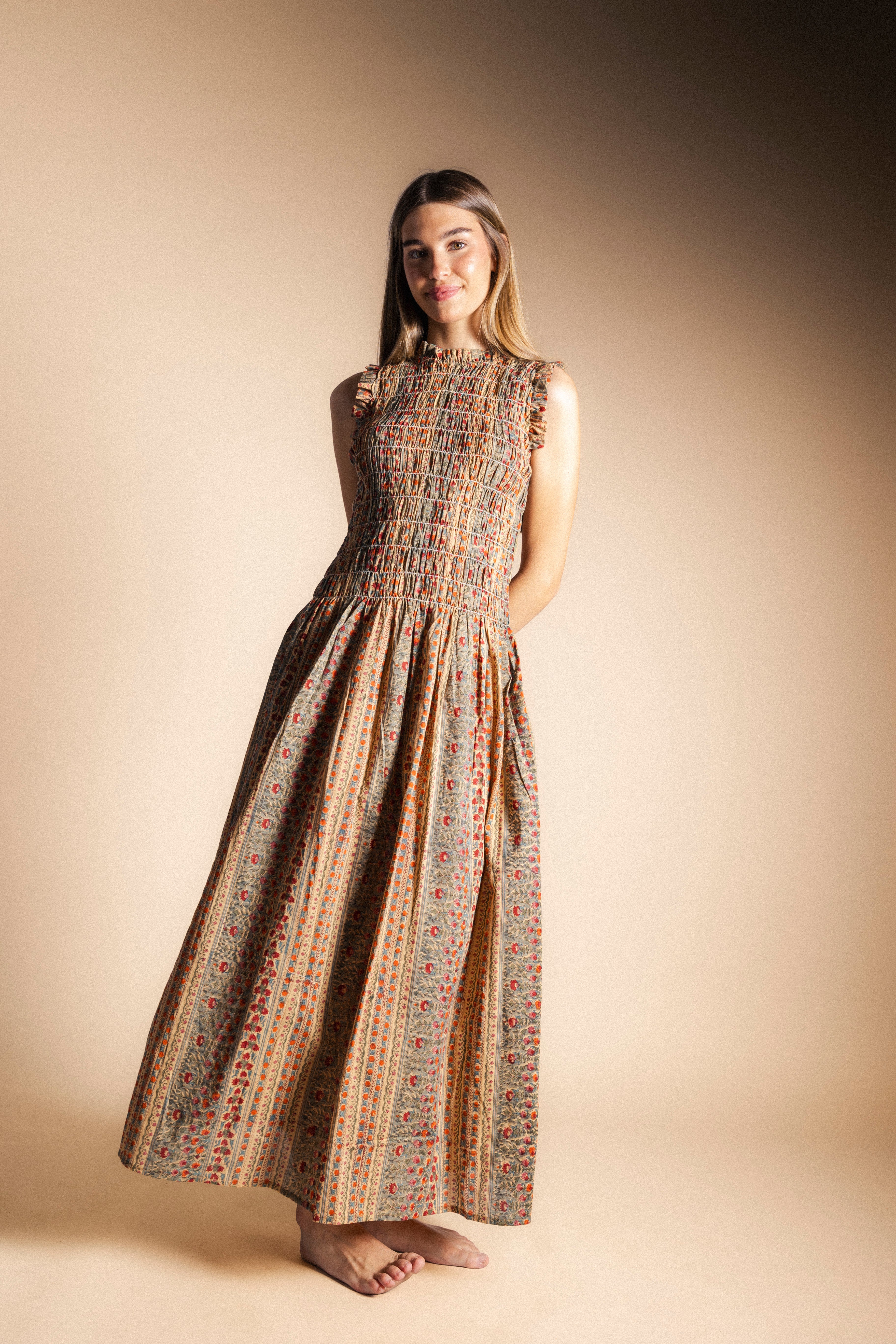 Mikara Beige Dress with Red Flowers