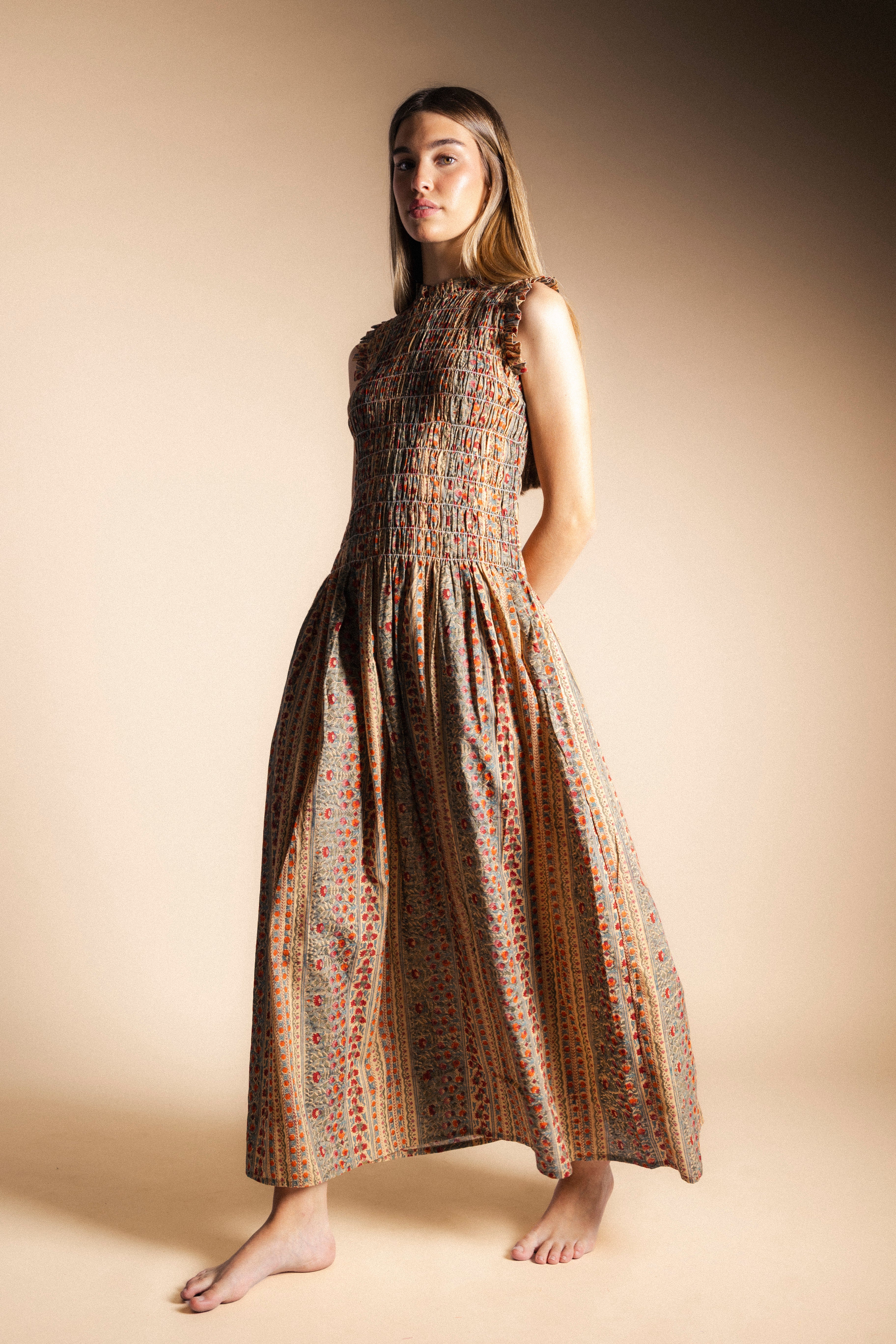 Vestido Bihar Multiprint Verde, Crudo y Rosa Vest50-The Nook Store