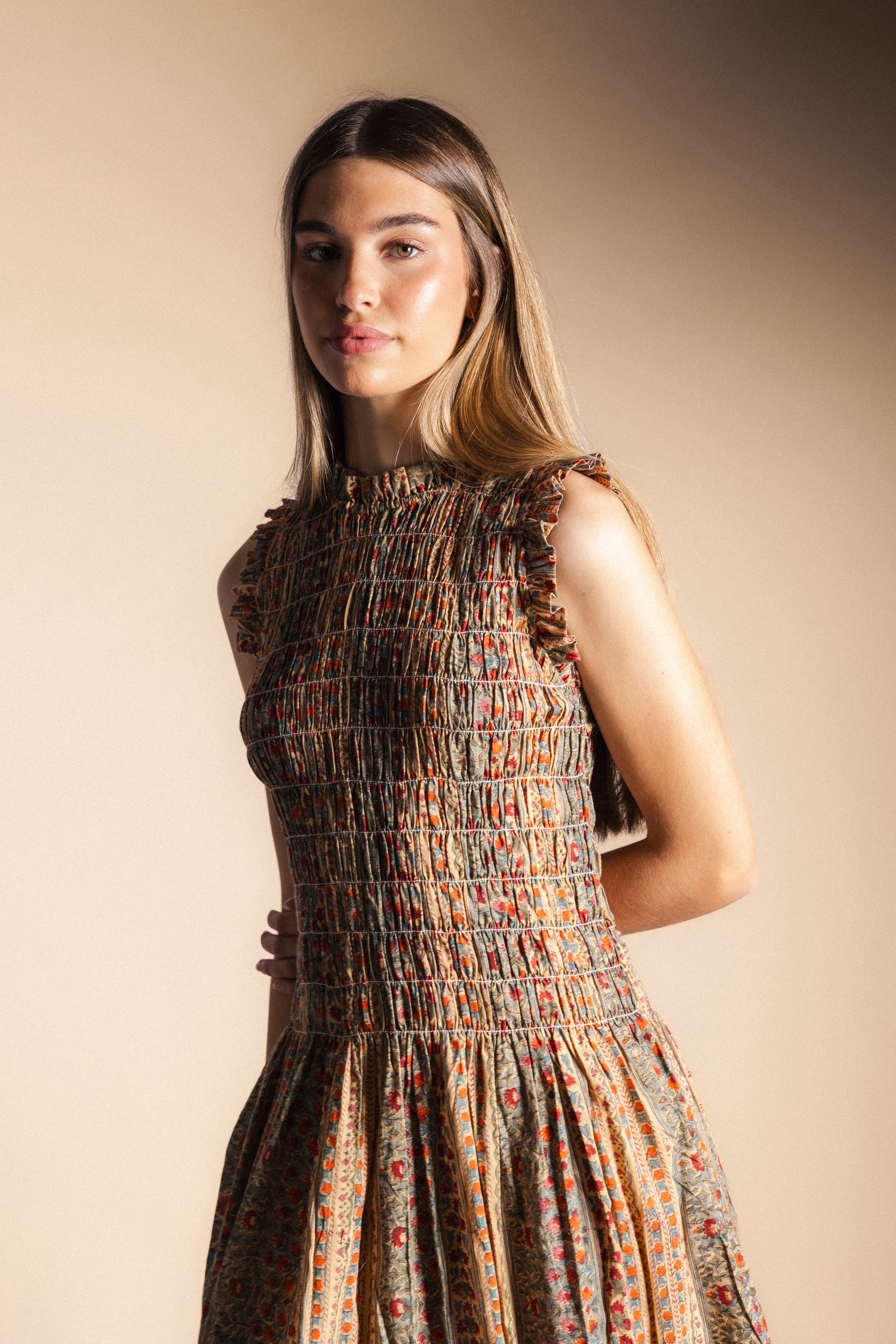 Vestido Bihar Multiprint Verde, Crudo y Rosa Vest50-The Nook Store