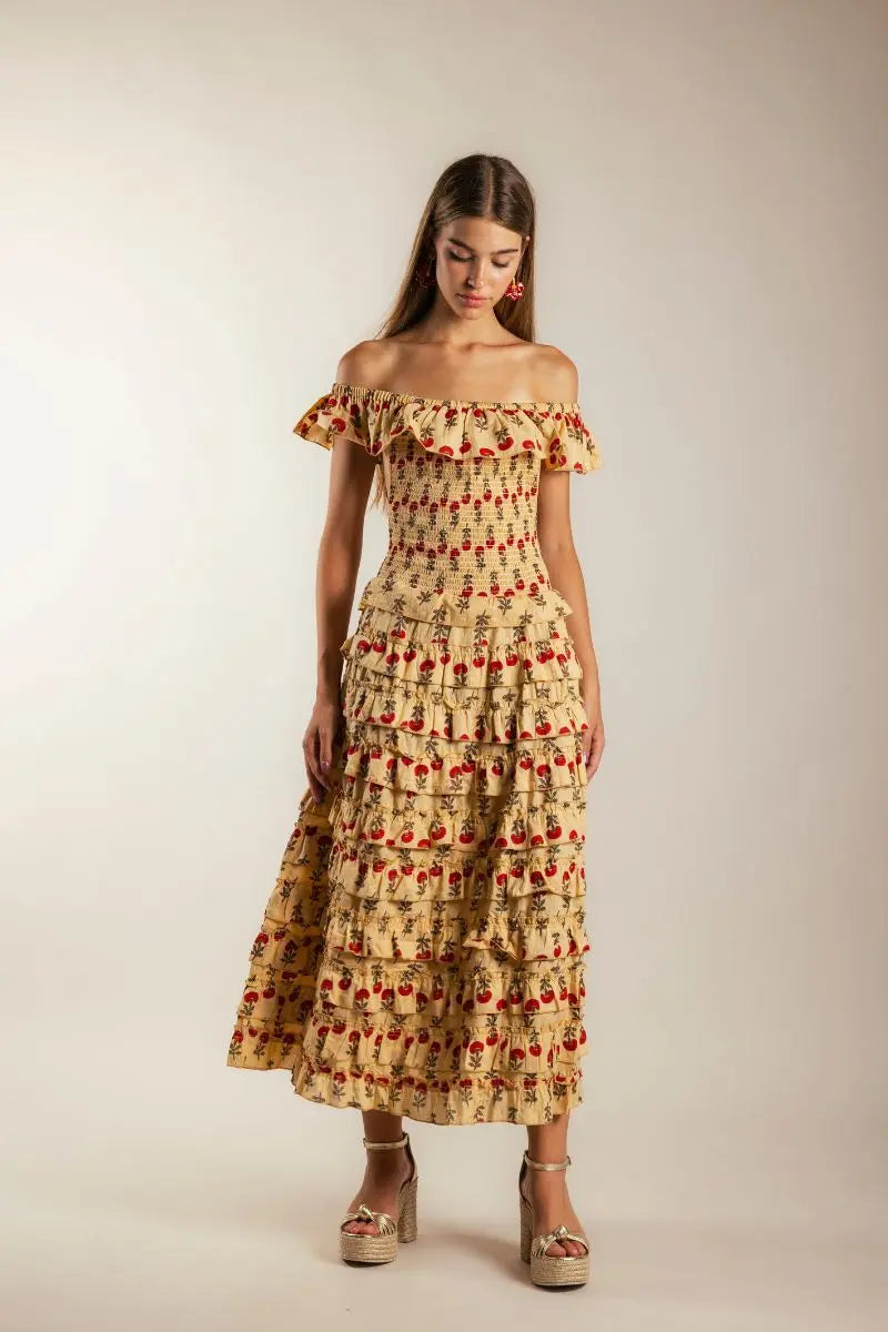 Mikara Beige Dress with Red Flowers