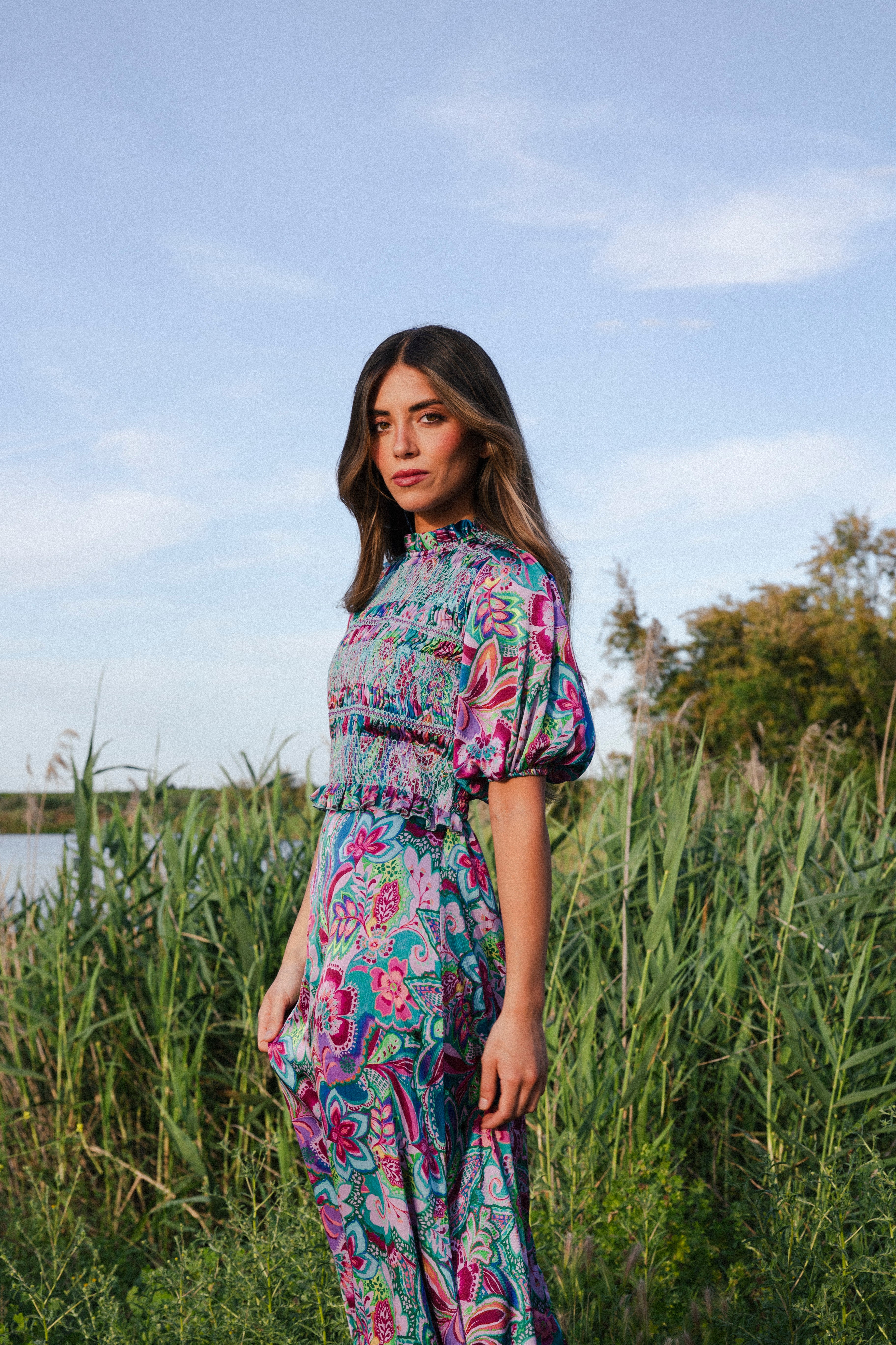 Vestido Lucia Verde Agua Flores Vest17-The Nook Store