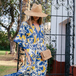 Vestido Parrot Crudo Flores Azules y Mostaza Vest15-The Nook Store