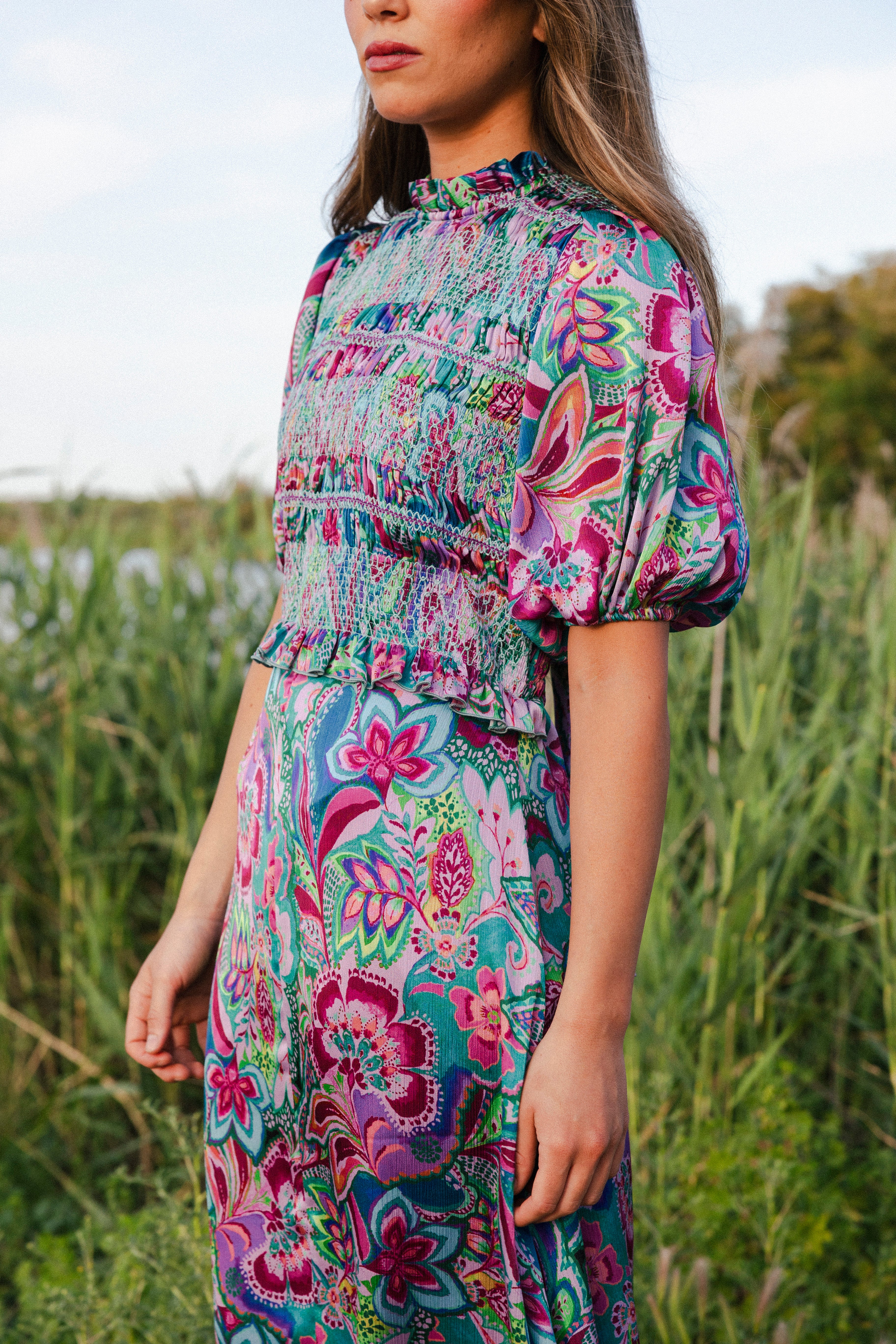 Vestido Lucia Verde Agua Flores Vest17-The Nook Store