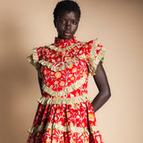 Robe rouge Lomba à fleurs roses