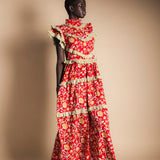 Robe rouge Lomba à fleurs roses