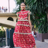 Lomba Red Dress with Pink Flowers