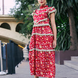 Lomba Red Dress with Pink Flowers