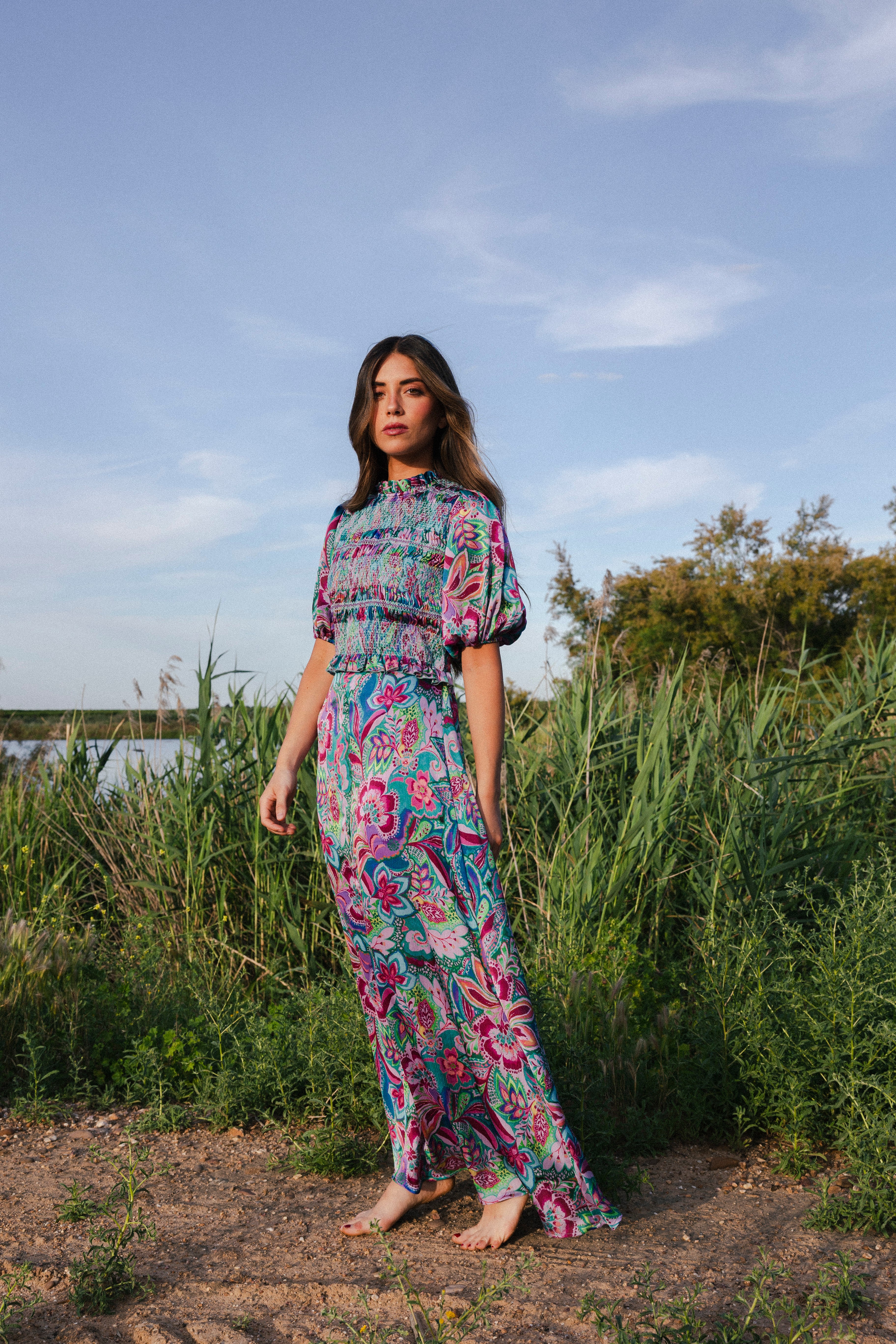 Vestido Lucia Verde Agua Flores Vest17-The Nook Store