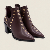 Botas Mer Tacón Alto Piel Burdeos Tachuela Dorada