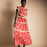 Robe rouge Lomba à fleurs roses