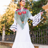 Mantón Camila Verde Viejo Flor Roja M495