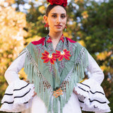 Mantón Camila Verde Viejo Flor Roja M495