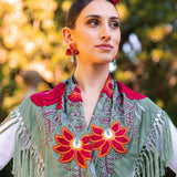 Mantón Camila Verde Viejo Flor Roja M495