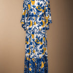 Vestido Parrot Crudo Flores Azules y Mostaza Vest15-The Nook Store