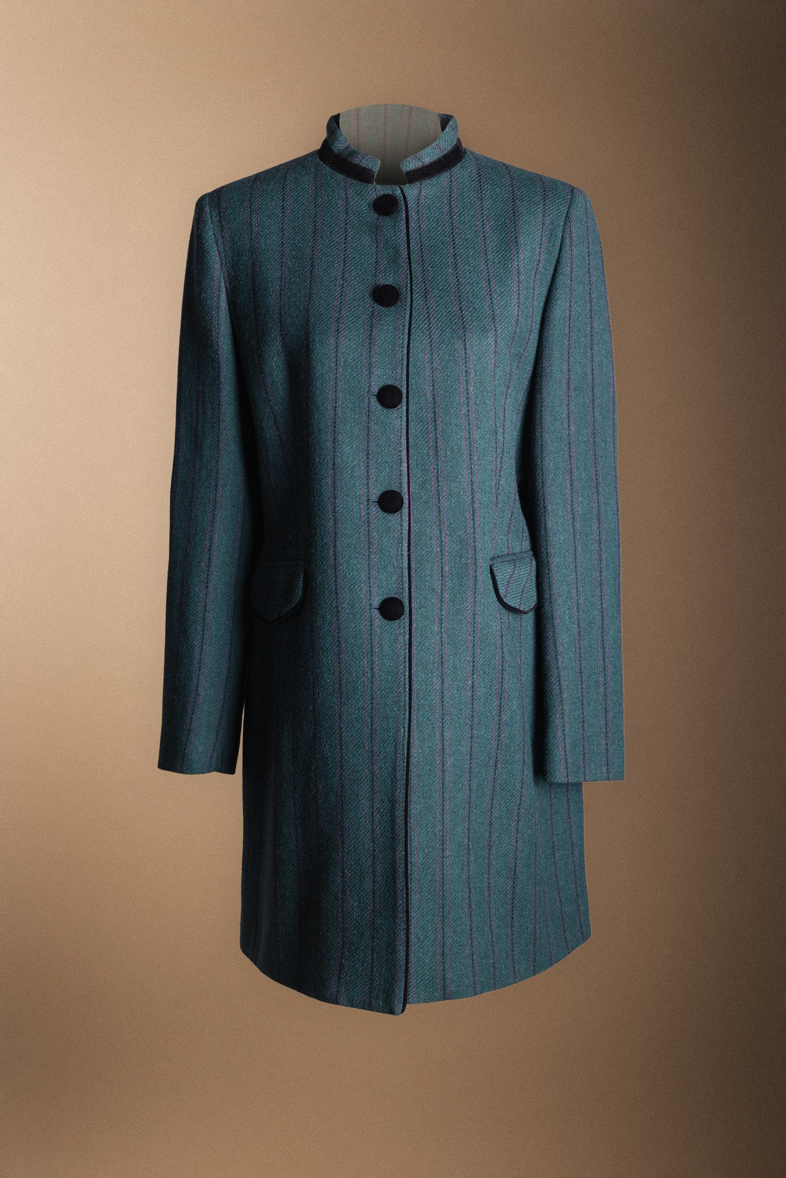 Chaqueta Corinna Larga Verde Rayas Moradas y Negras-The Nook Store