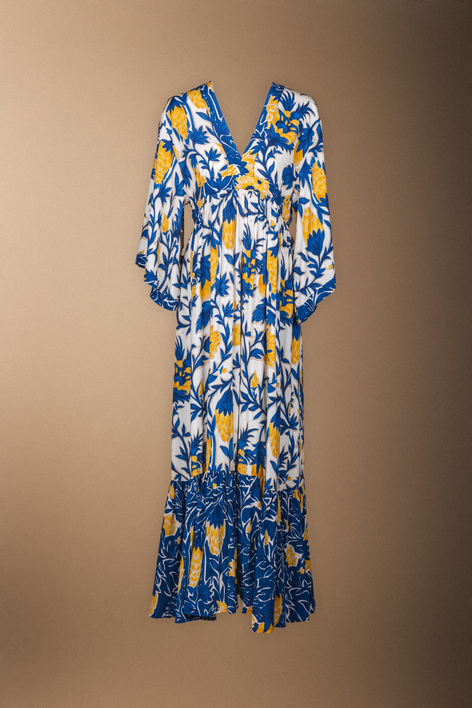 Vestido Parrot Crudo Flores Azules y Mostaza Vest15-The Nook Store