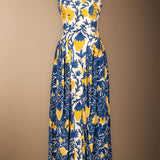 Vestido Fabiola Crudo Flores Azules y Mostaza Vest37-The Nook Store