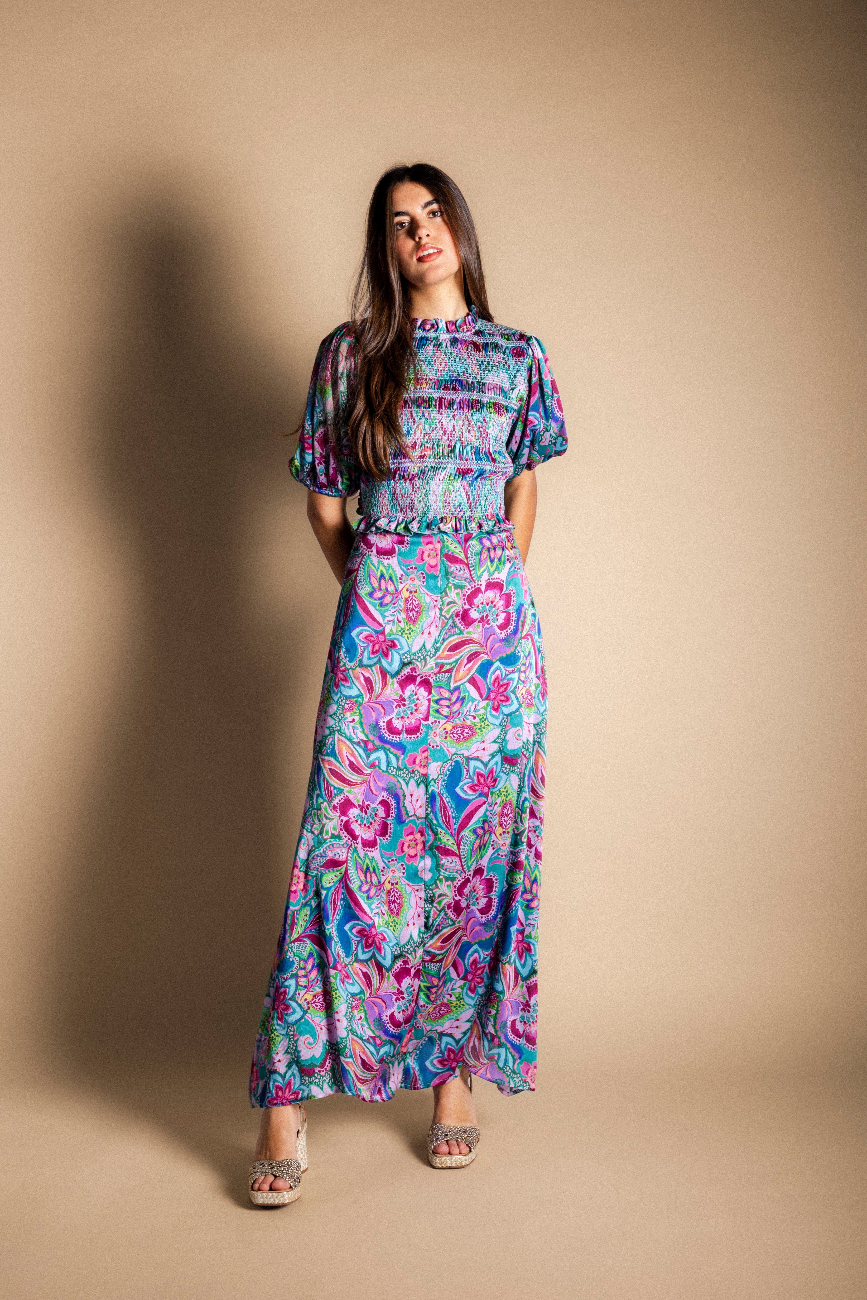 Vestido Lucia Verde Agua Flores Vest17-The Nook Store