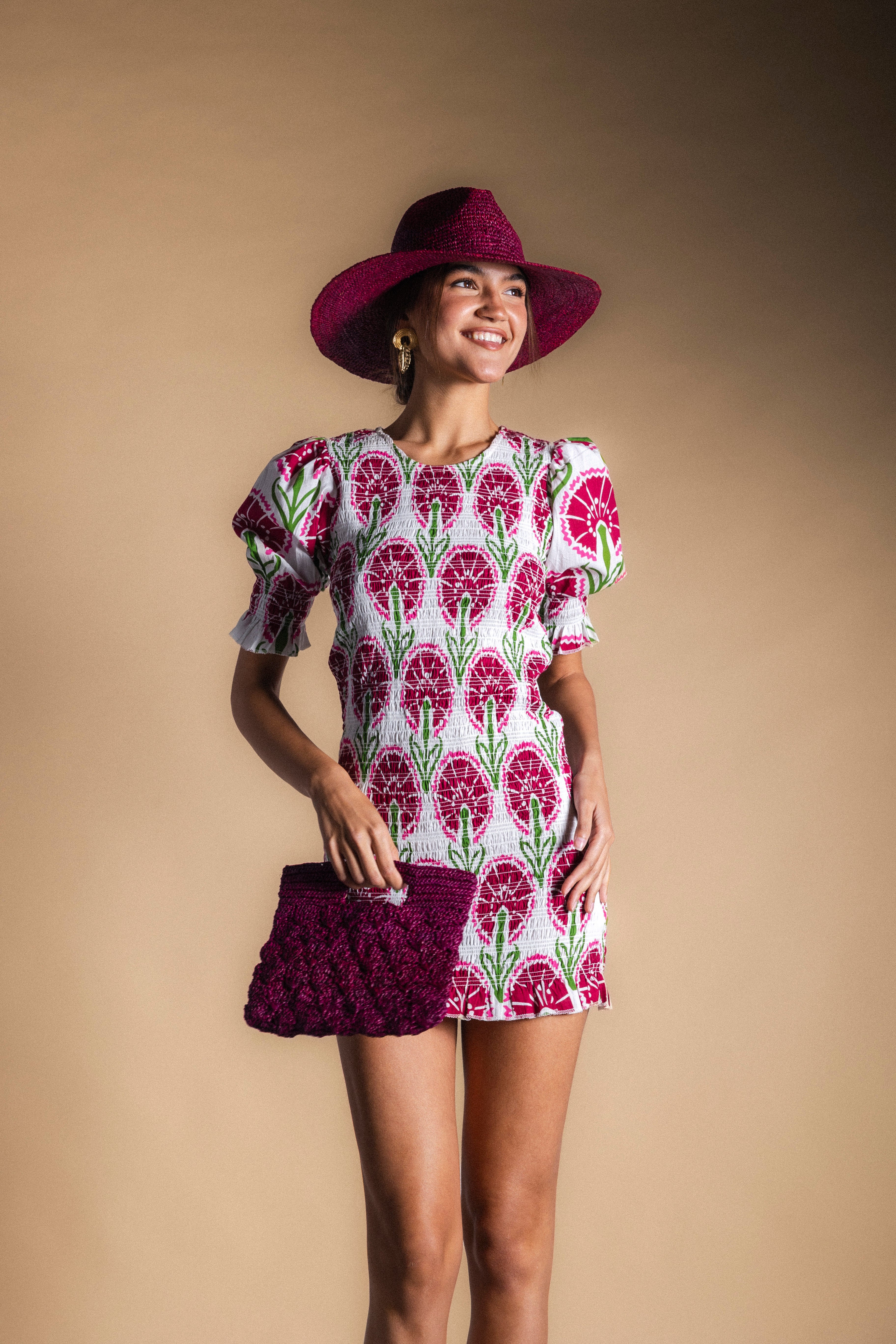 Vestido Creta Corto Blanco Flor Burdeos-The Nook Store