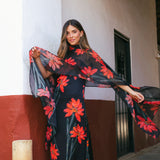 Vestido Con Capa Fiona Negro Flor Con Tallo Vest11-The Nook Store