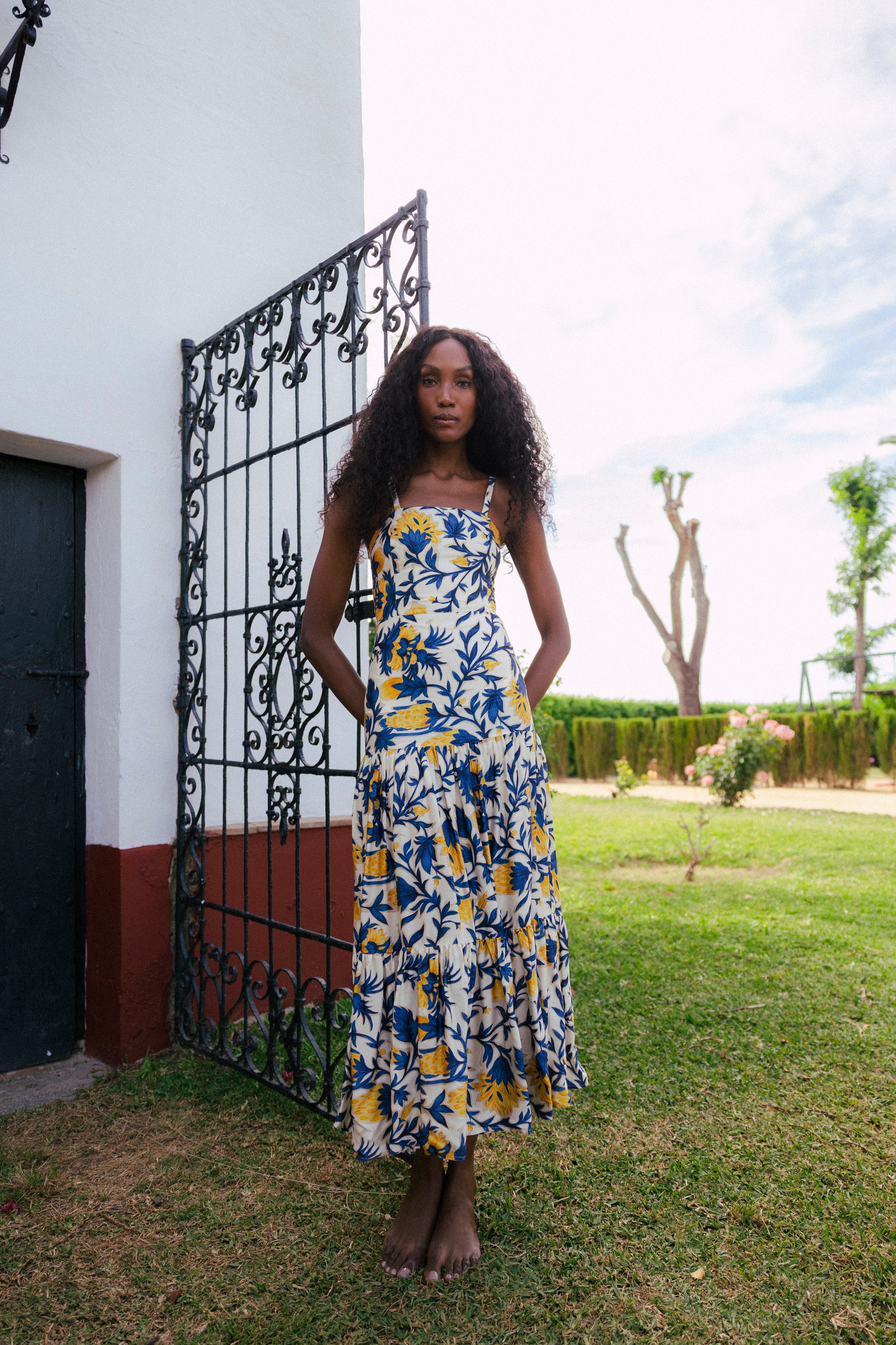 Vestido Tula Crudo Flores Azules y Mostaza Vest14-The Nook Store