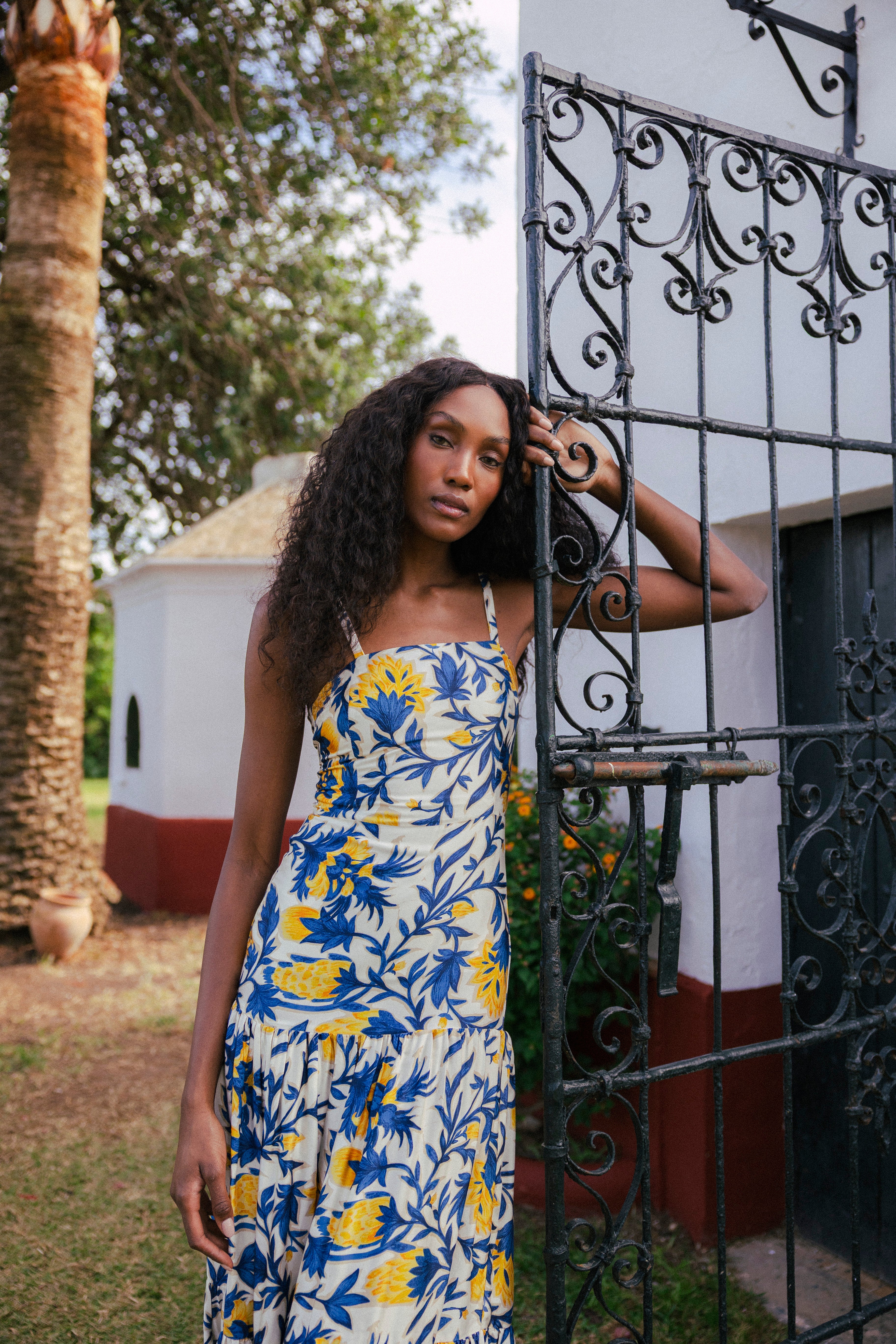 Vestido Tula Crudo Flores Azules y Mostaza Vest14-The Nook Store