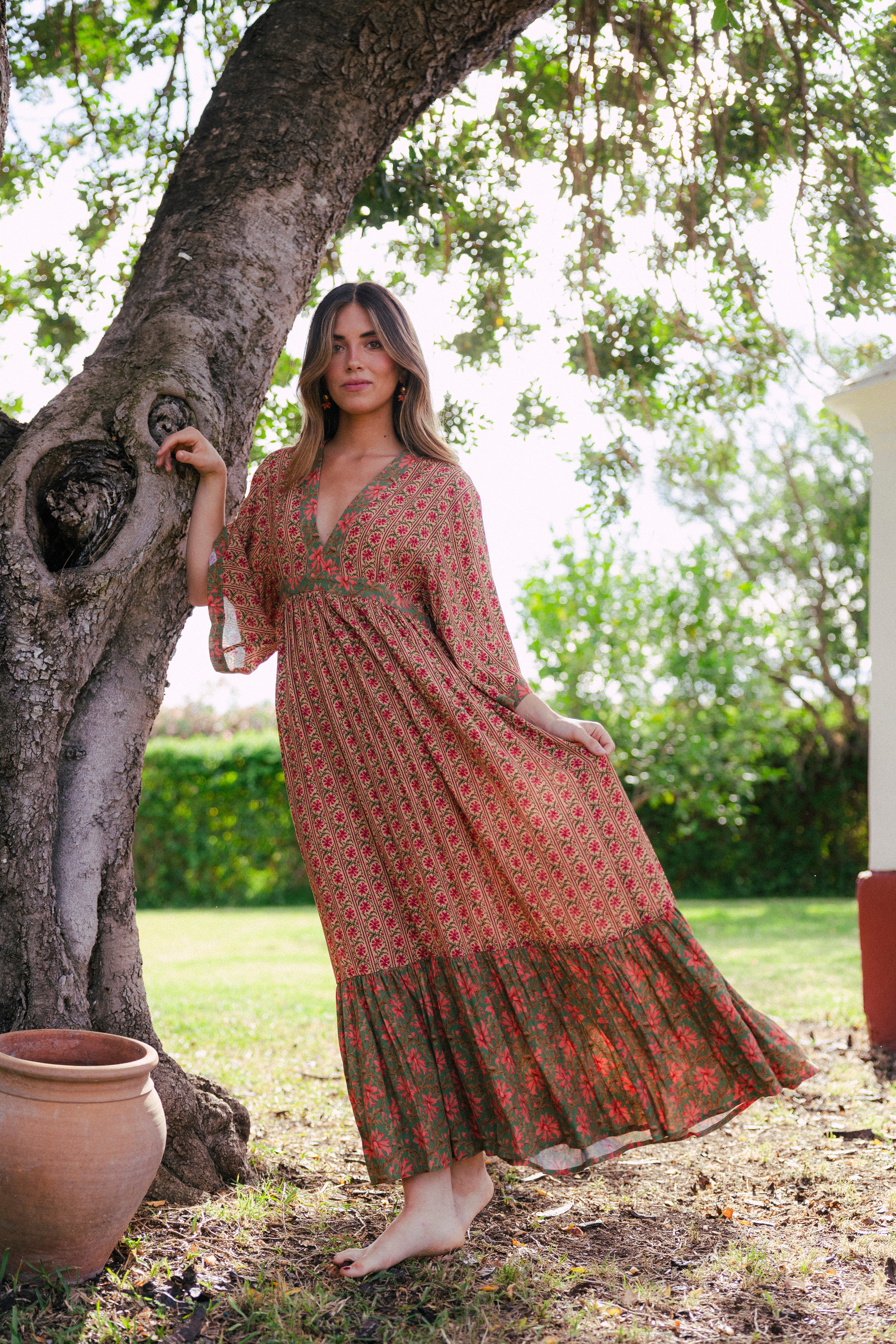 Vestido Parrot Verde Flores Rosas Vest16-The Nook Store