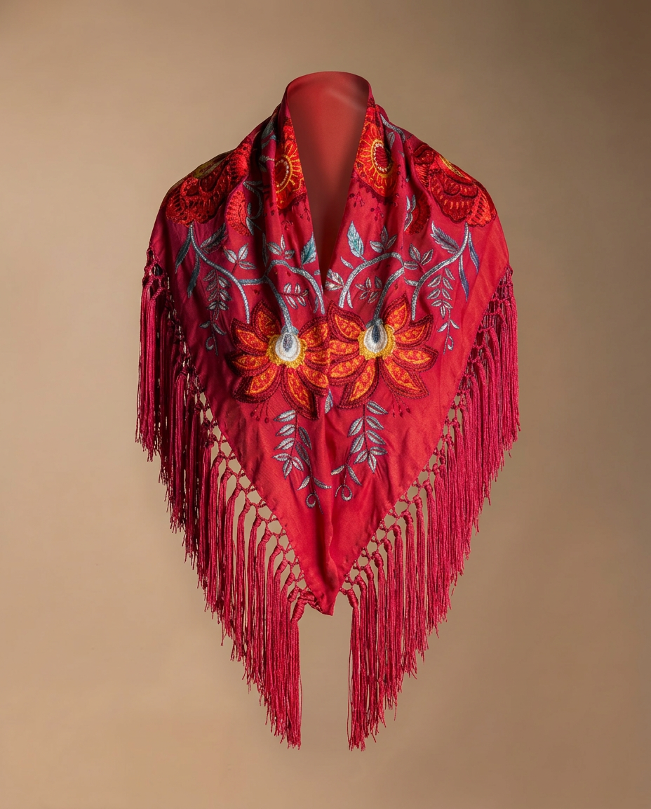Manton Camila Teja Flor y Ribete Rojo M548-The Nook Store