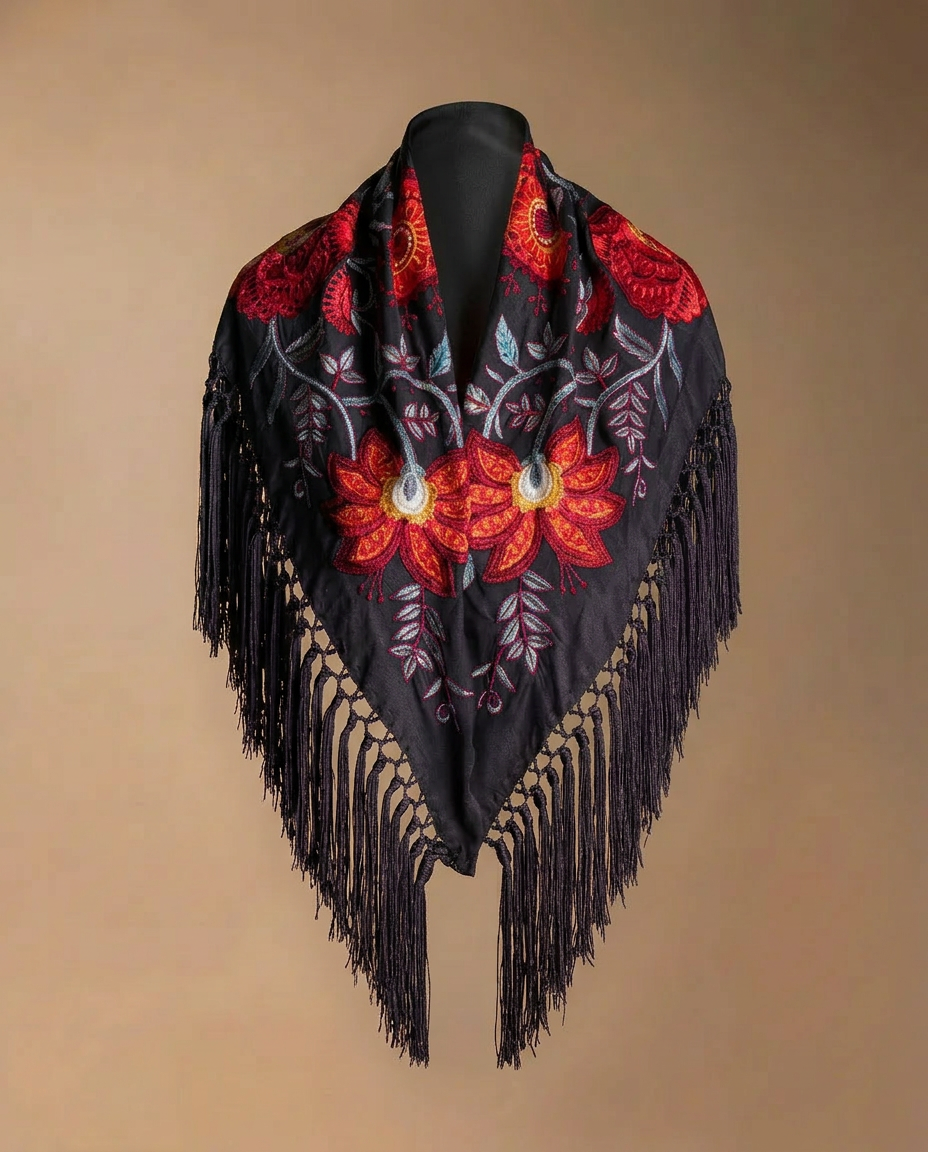 Manton Camila Negro Flor y Ribete Rojo M535-The Nook Store