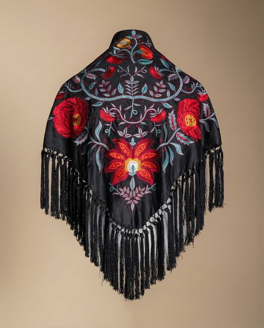 Manton Camila Negro Flor y Ribete Rojo M535-The Nook Store