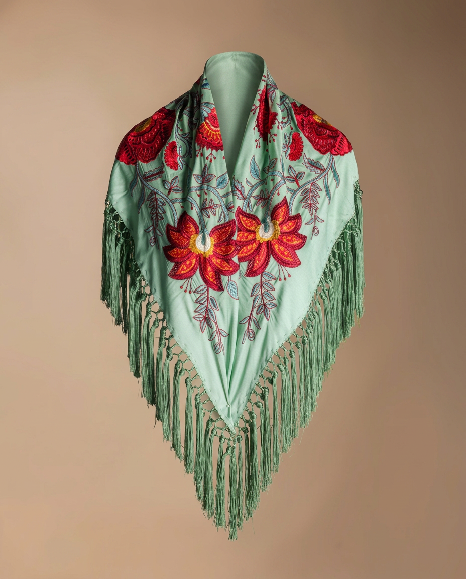 Manton Camila Verde Jabonoso Flor y Ribete Rojo M554-The Nook Store