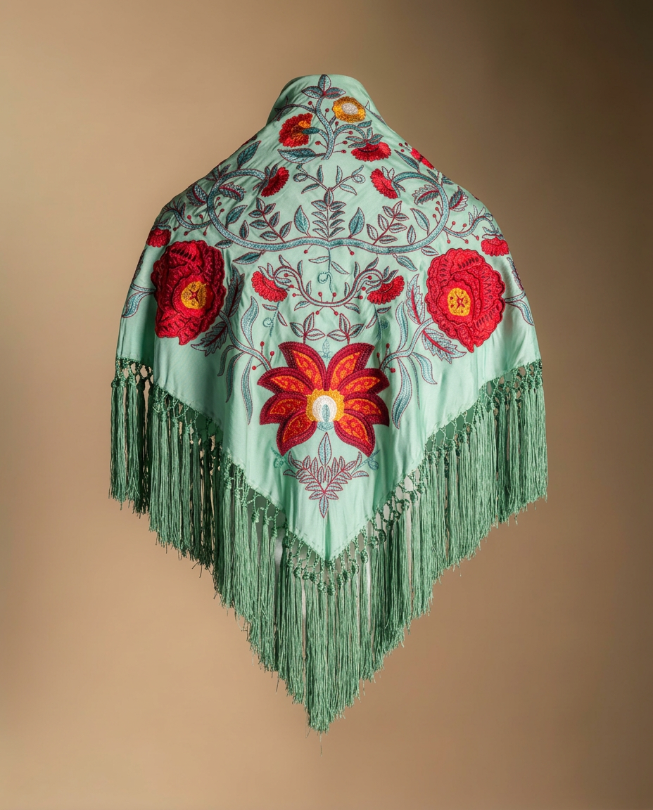 Manton Camila Verde Jabonoso Flor y Ribete Rojo M554-The Nook Store