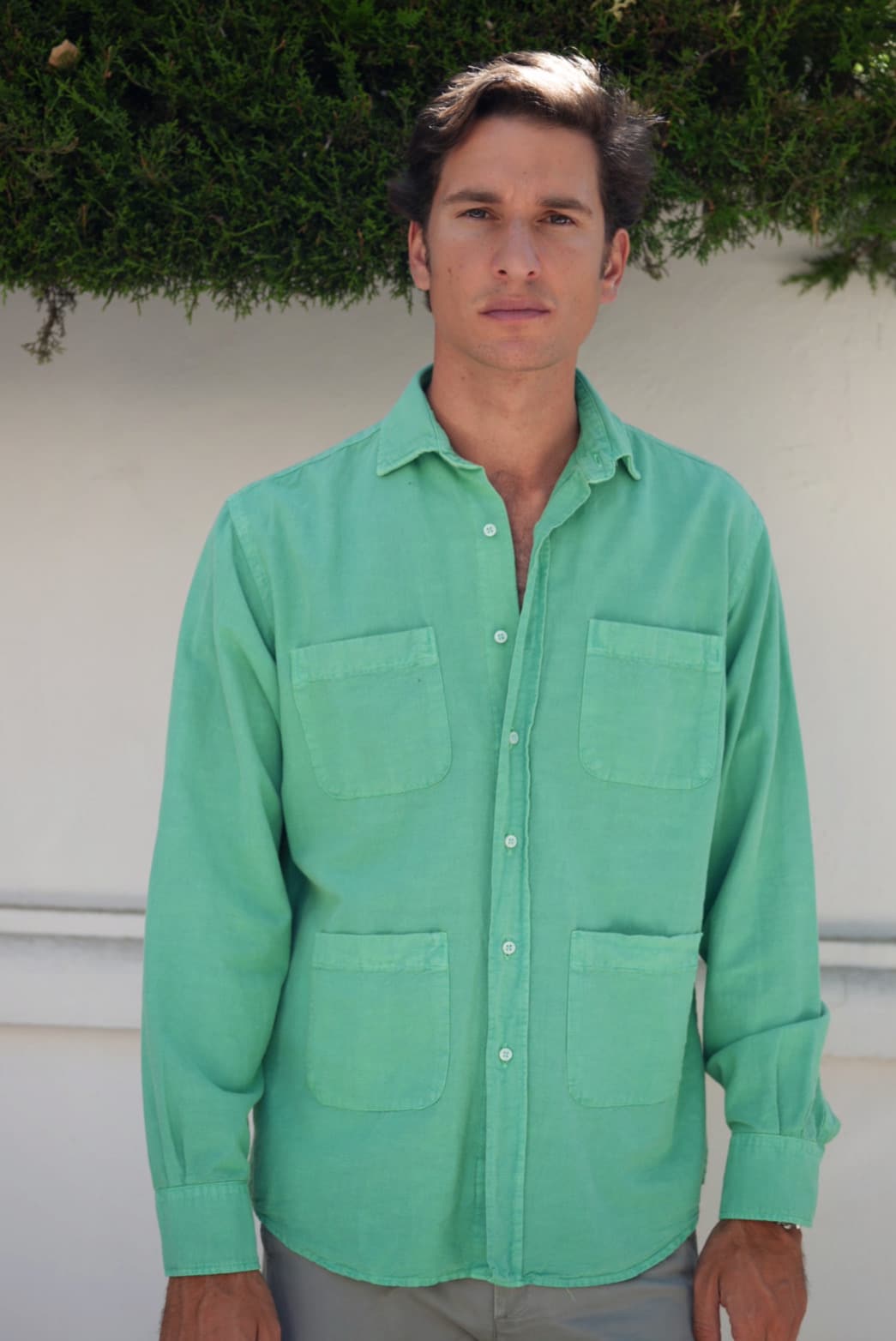 Camisa Lino 4 bolsillos C7 verde vintage