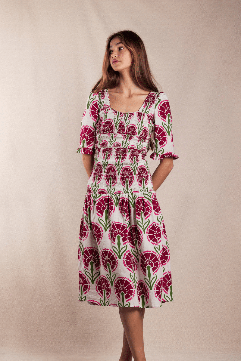 Vestido Creta Largo Ikat Flor Burdeos