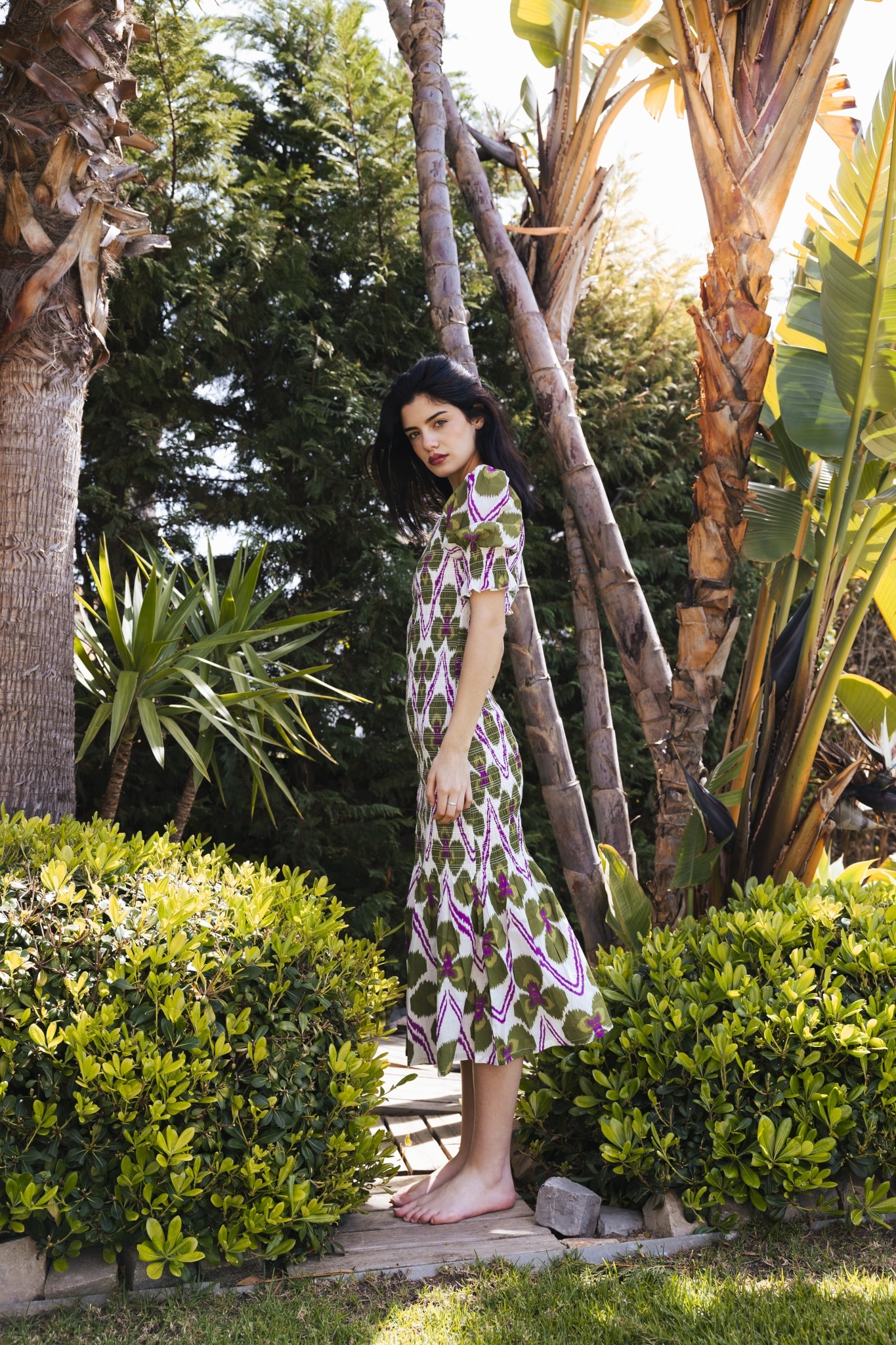 Vestido Creta Largo Ikat Flor Verde